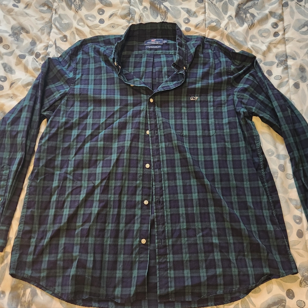 Vineyard Vines Men's Navy and Teal Checkered Shirt